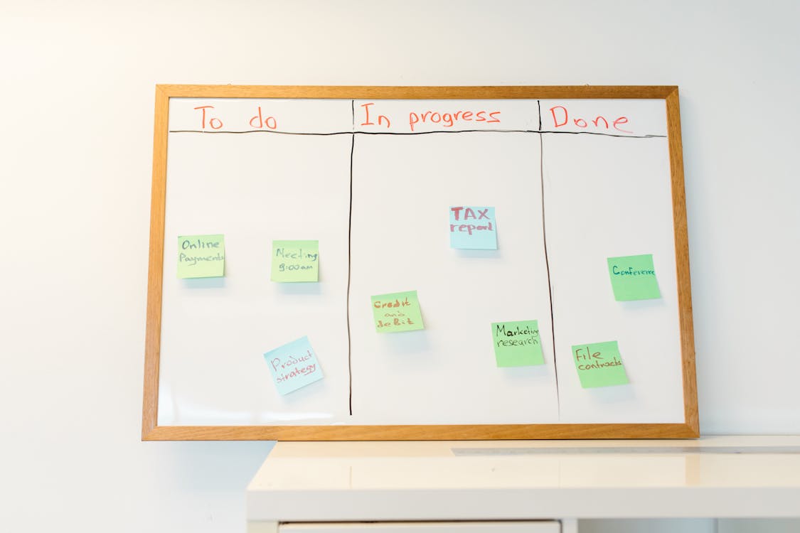Planning notes on whiteboard