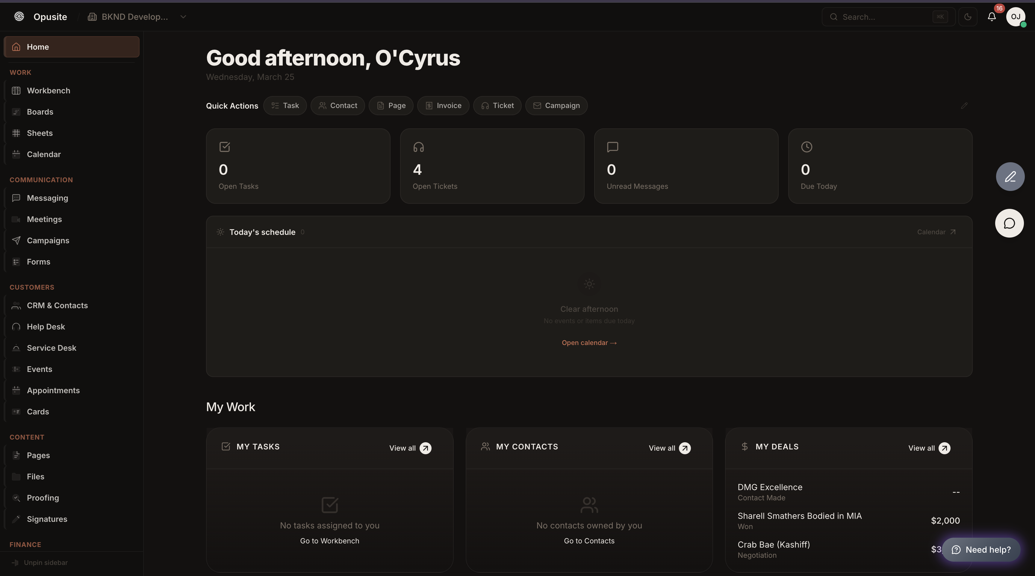 Opusite all-in-one business platform dashboard with CRM, projects, messaging, and campaigns