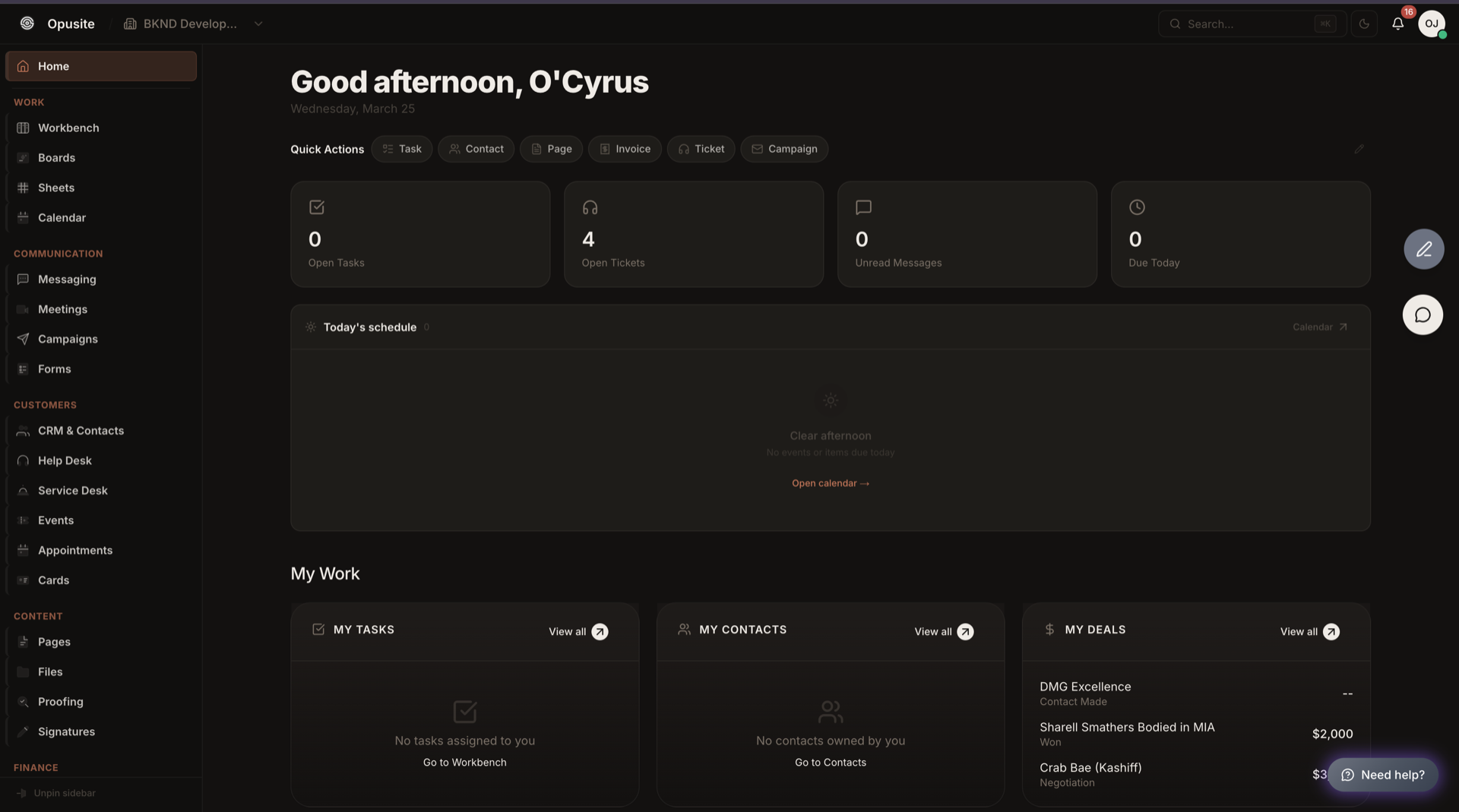 Opusite all-in-one business platform dashboard with CRM, projects, messaging, and campaigns