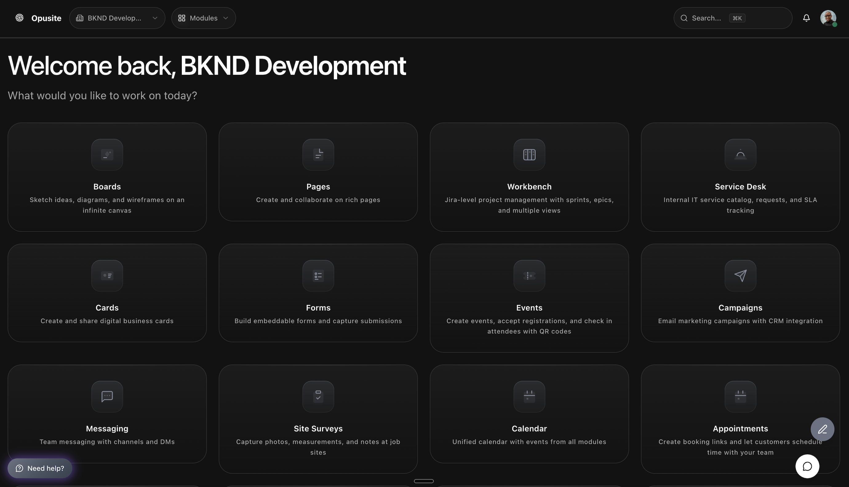 Opusite dashboard showing Team Chat, CRM, Projects, Workbench, Invoicing, Files, and Analytics modules