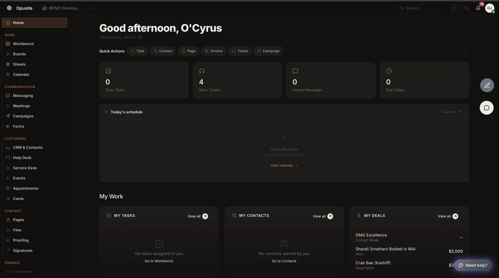 Opusite all-in-one business platform dashboard with CRM, projects, messaging, and campaigns